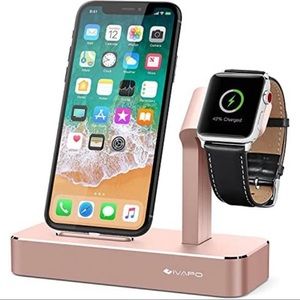 iVAPO 2-in-1 Aluminum Apple Watch Dock & iPhone Station: Rose Gold - New